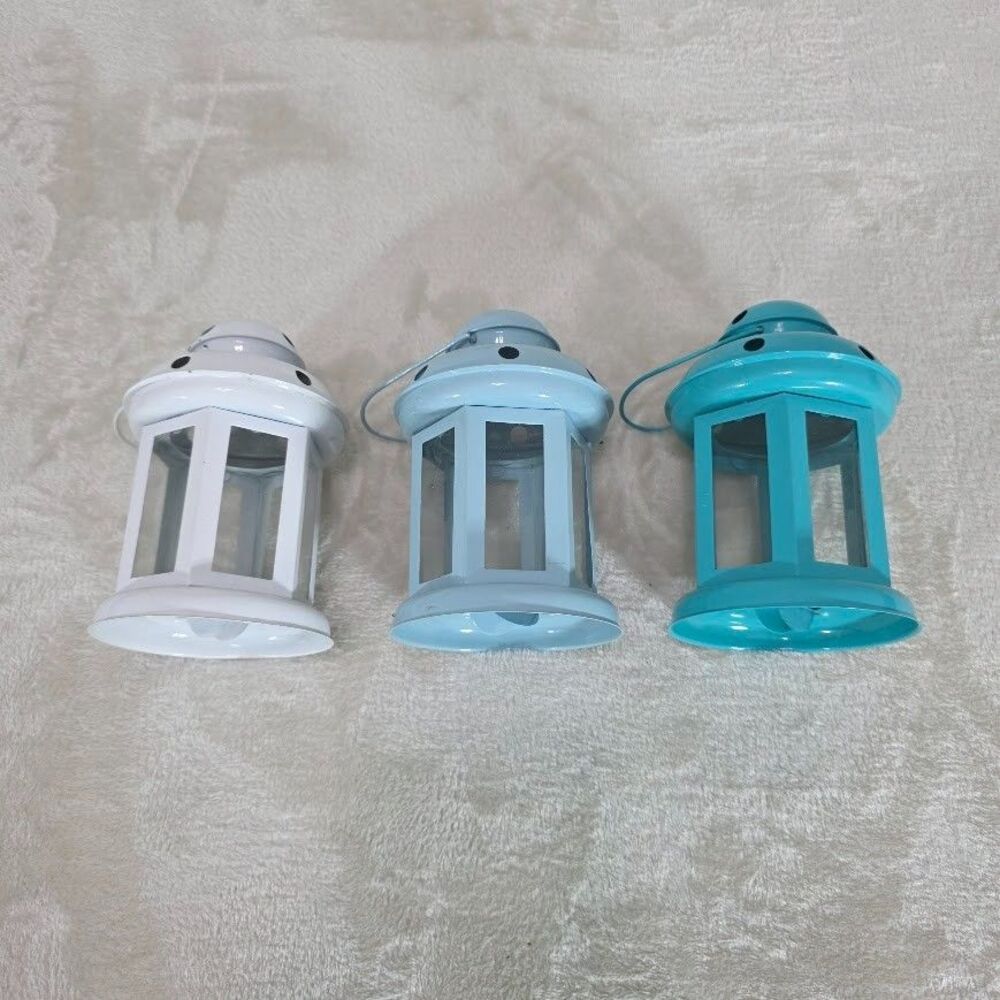Unbranded Lot of 3 Decorative Lanterns Blue Teal White Tea/LED Lights Metal - Picture 1 of 6